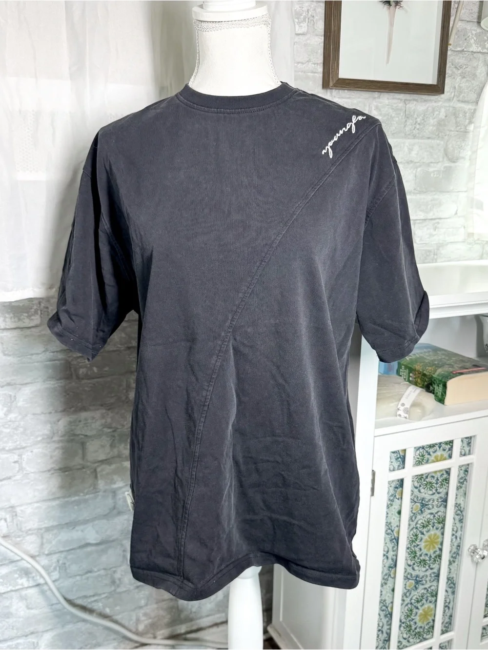 YoungLA Faded Black Crewneck T-Shirt with Subtle Script Detail